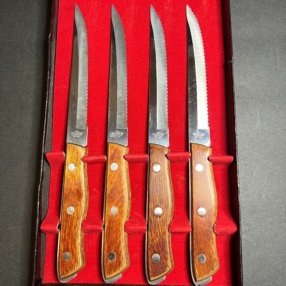 Vintage Set of 4 Maxam CTGB4 Wooden Handle Steak Knives w/ 5" Blades & Box - Picture 6 of 6